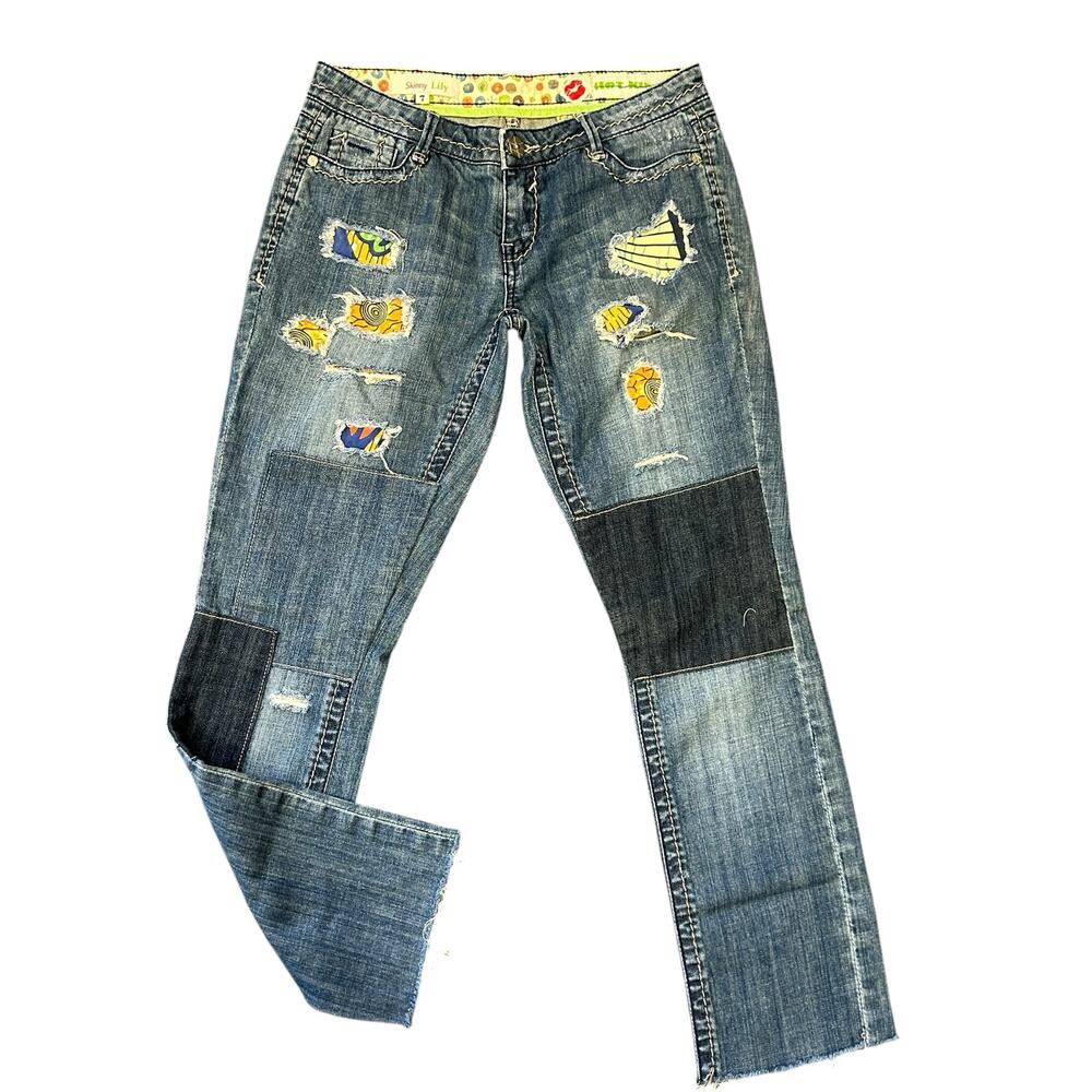 Hot Kiss Lily Mid Rise Destroyed Patched Skinny Stretch Blue Jeans ‎ size 7
